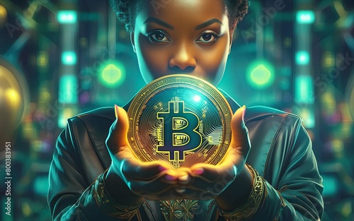 Hand holding bitcoin Cryptocurrency digital , money , Generative AI Illustration.	