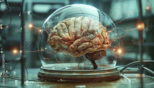 A photorealistic image of a brain encased in a glass dome with wires and electrodes attached, symbolizing the study of neuroscience and brain function 