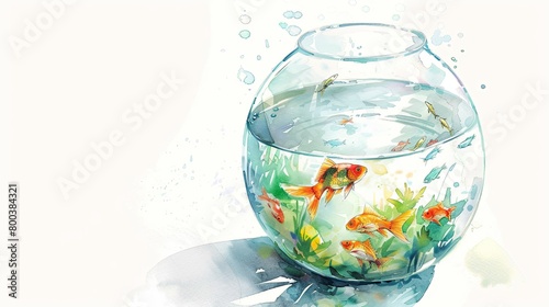 glass fishbowl containing tropical fish, light watercolor
