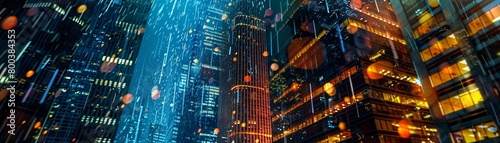 Skyscrapers under a torrent of digital rain at night, lights flickering in a rhythmic pattern that mimics the rains tempo photo