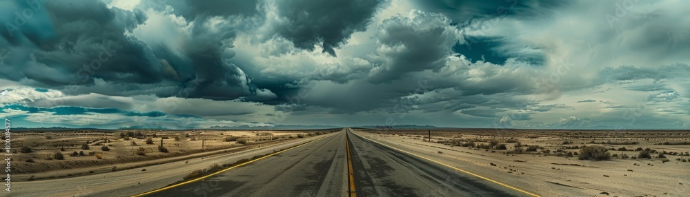 A photorealistic image of a deserted highway stretching off into the horizon under a cloudy sky, representing the potential for selfdriving vehicles in the future  