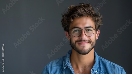 A Young handsome student isolated on gray background, in blue shirt, wearing trendy round glasses, looking at camera with happy smile
