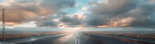 A photorealistic image of a deserted highway stretching off into the horizon under a cloudy sky, representing the potential for selfdriving vehicles in the future   photo