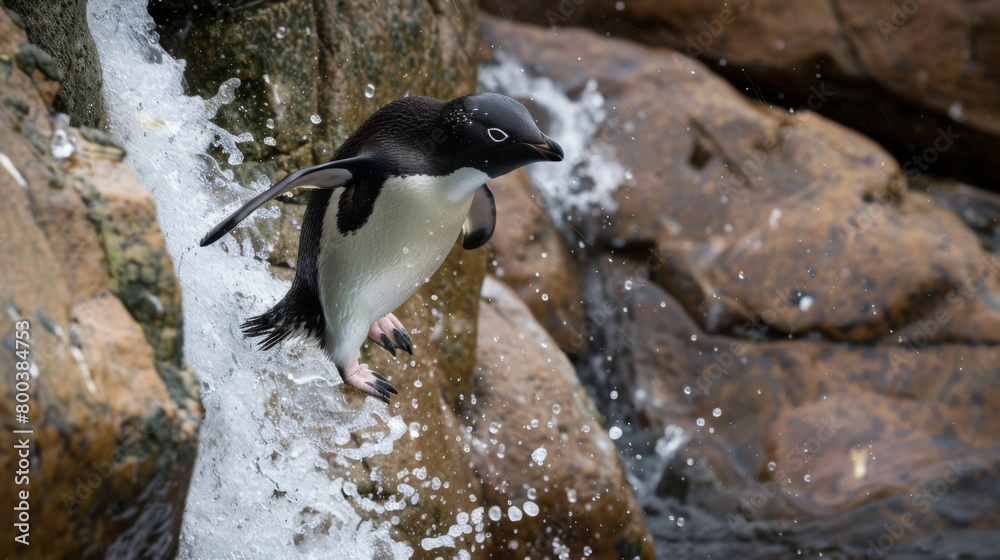 Fototapeta premium This action-packed shot captures an Adelie penguin diving into the water from a rocky outcrop, causing a splash