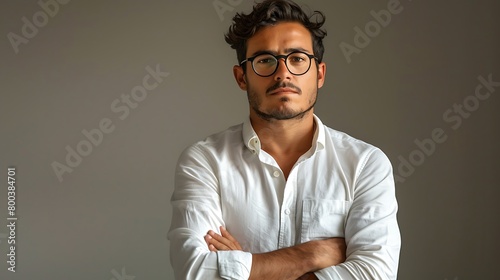 A Young hispanic businessman wearing shirt and glasses skeptic and nervous, disapproving expression on face with crossed arms, negative person photo