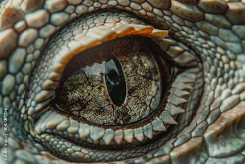 A photorealistic image of a lizards eye, showcasing the detailed scales and intricate iris patterns 