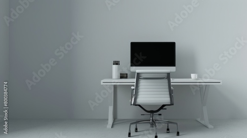 A photorealistic image of a minimalist workspace A sleek desk with a single computer and a comfortable chair occupies the center of the room The only other visible object is a cup of coffee   photo