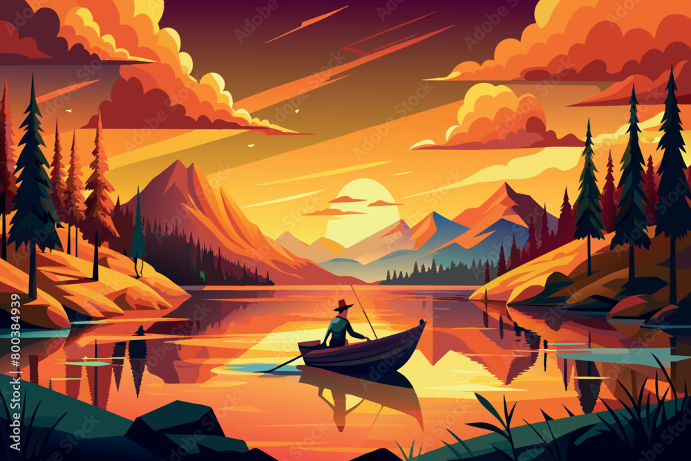A man is rowing a boat on a lake in a beautiful, serene landscape