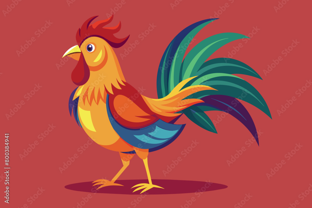 A colorful rooster with a red background