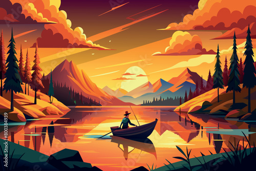 A man is rowing a boat on a lake in a beautiful, serene landscape