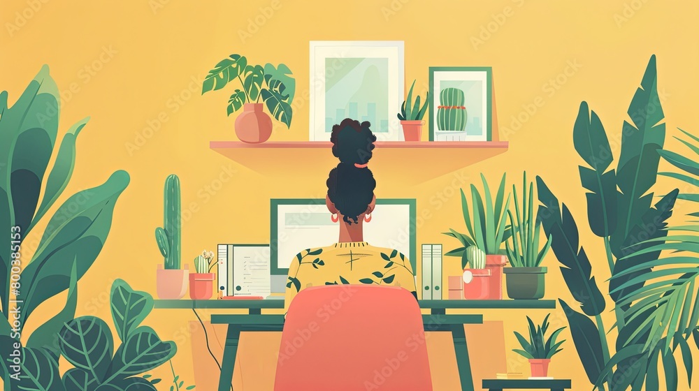 Fototapeta premium woman at desk surrounded by succulents, tech illustration