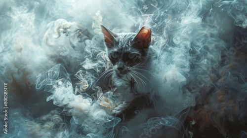 A domestic feline looks cautiously through a haze of smoke, creating a mystical and enigmatic atmosphere that captures the viewer's imagination photo