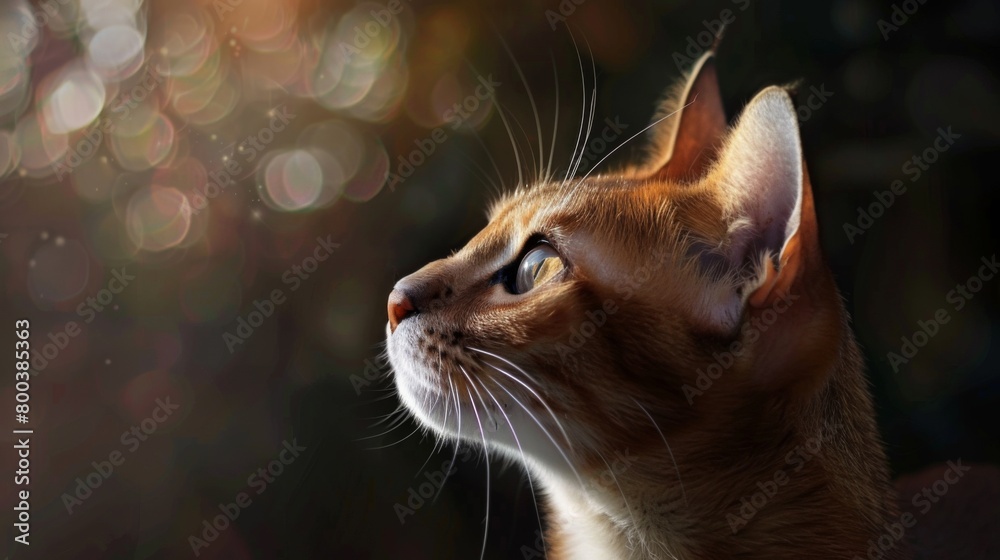 An emotive image depicting a ginger cat looking up with a hopeful expression as light filters through, illuminating its features