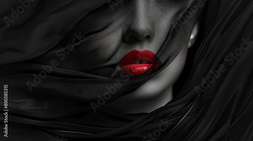 Minimalistic black background with a female face partially hidden by a dark cloth.