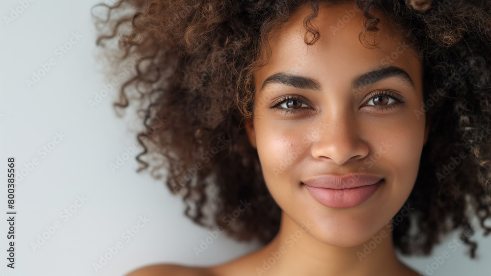 Beautiful smiling girl with curly hair and clean, healthy skin, on a white background with copy space