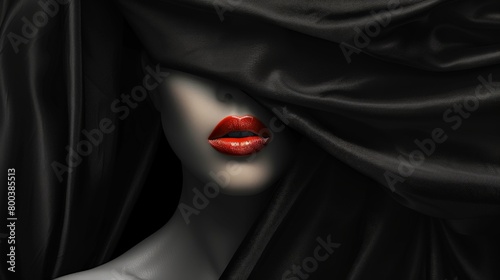 Minimalistic black background with a female face partially hidden by a dark cloth.