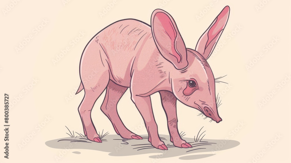A delicate illustration of a stylized pink aardvark depicted with large ears and a gentle stance on a subtle background