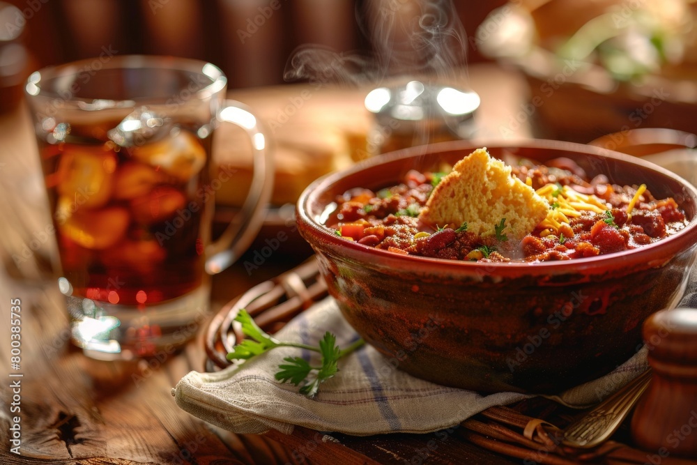 A rustic wooden table setting featuring a steaming bowl of chili next to a basket of warm cornbread A napkin rests beside a glass of iced tea, perfect for a refreshing contrast A rustic wooden table setting featuring a steaming bowl of chili next to a basket of warm cornbread A napkin rests beside a glass of iced tea, perfect for a refreshing contrast