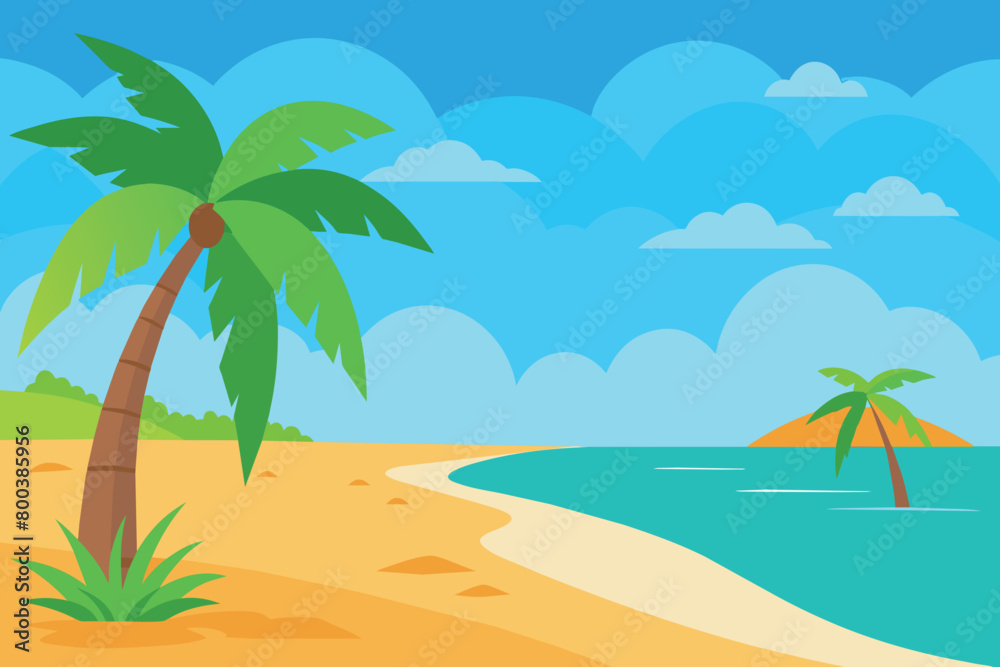 A tropical beach scene with palm trees and a blue ocean