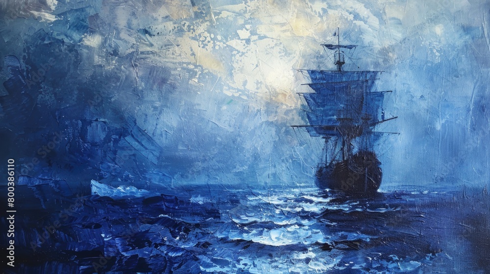 Majestic Blue Sailing Ship on Stormy Sea Oil Painting