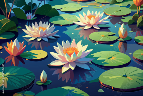 A painting of a pond with three white flowers floating on the water