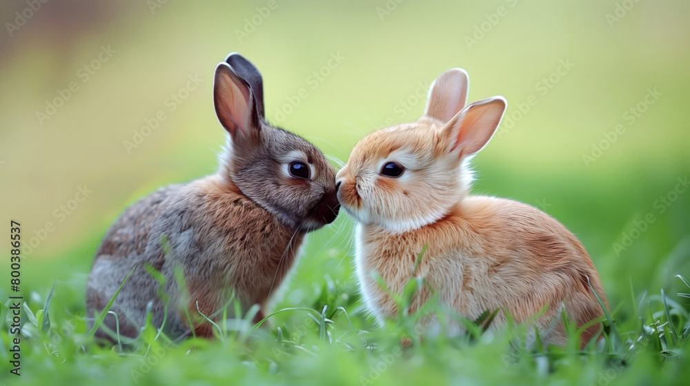 Fototapeta premium Two adorable bunnies sharing a tender kiss on a green field.