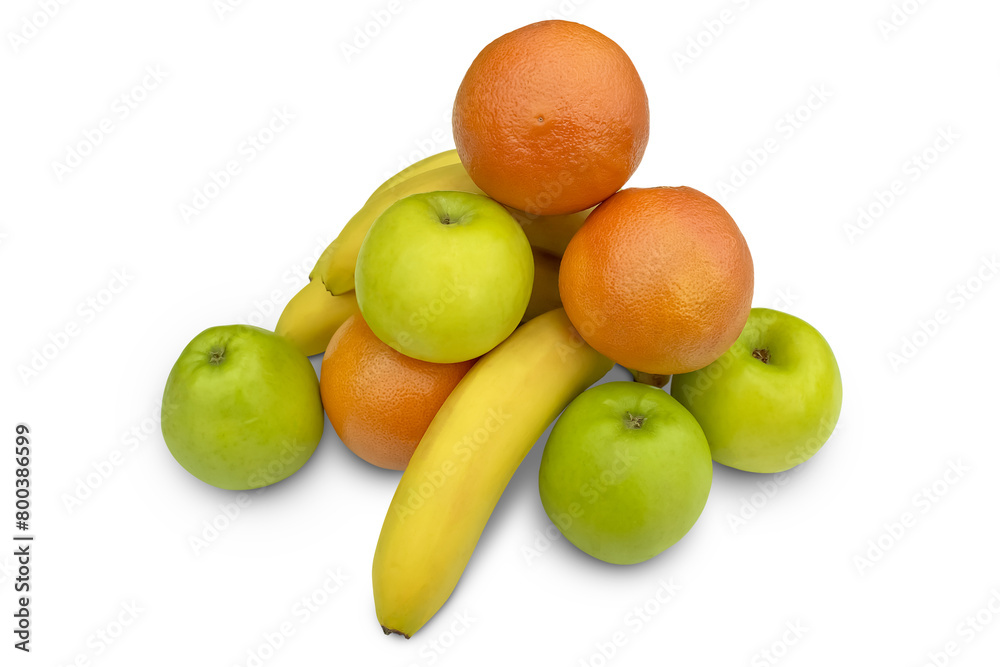 Fruit assortment. Apples, bananas and citrus fruits lying together. Isolation on a transparent background.
