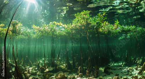 a mangrove forest seen from underwater, with a wide angle view © Kien