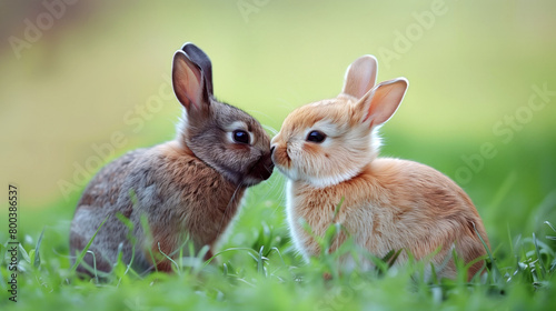 Two adorable bunnies sharing a tender kiss on a green field.