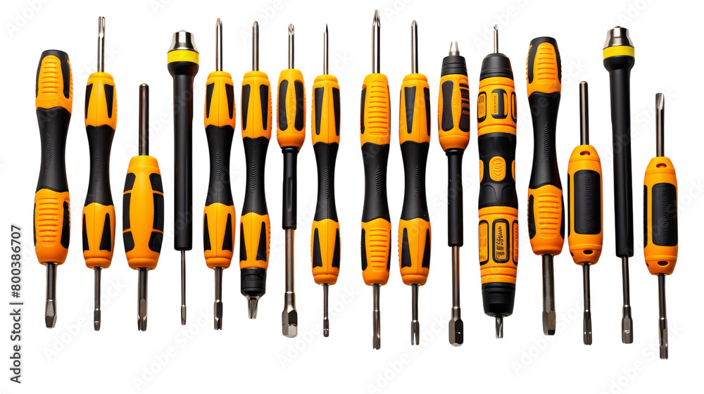 Collection of various tools arranged on a white background on transparent background