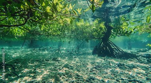 a mangrove forest seen from underwater  with a wide angle view