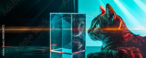 A symbolic representation of Schrodingers cat, existing as a superposition of both alive and dead states within a quantum box   photo