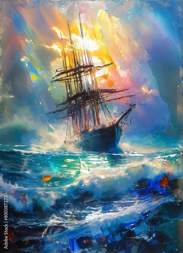 Seascape, ship on the high seas, storm, high waves
