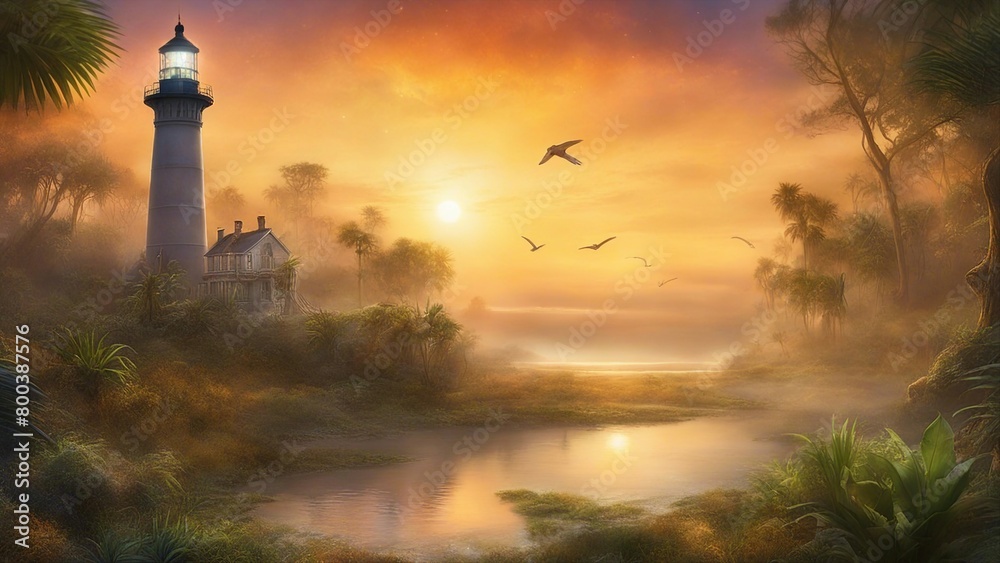 lighthouse at sunset highly intricately detailed photograph of  Dawn s early morning mist surrounds the Bodie Island 