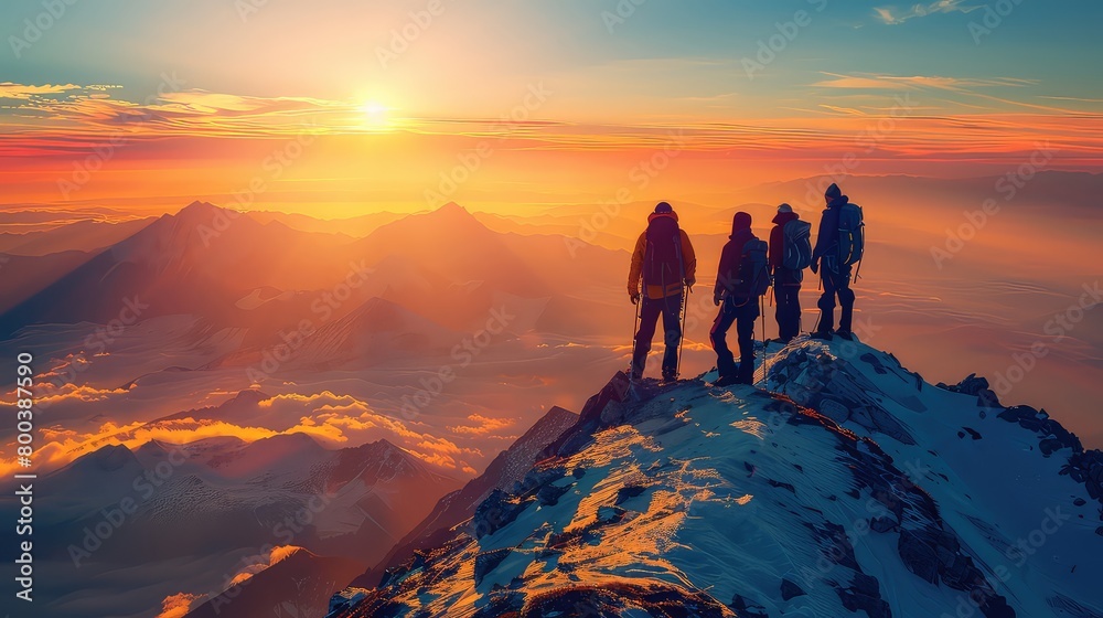 A group of people enjoying the view from a snowcovered mountain top
