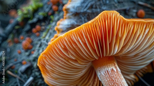 A vibrant image of a mushroom cap, showcasing the intricate gills and textures on its underside 