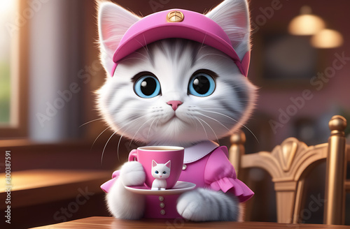 Close up of cartoon kitten in a pink dress with a cute cup