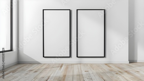 Two empty vertical black frame mock up in a white interior room design with wooden oak floor, 2 empty modern frames for gallery wall mockup, 3d illustration white wall interior render Ai generated  © Hamid