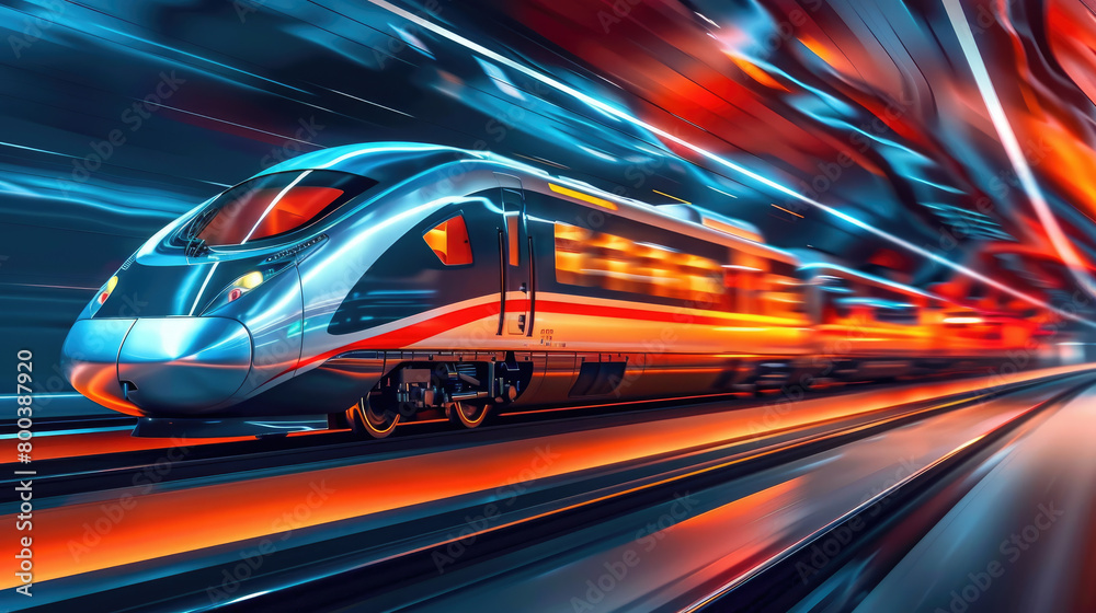 Experience the thrill of a sleek high-speed train cutting through a dramatic natural landscape, captured with dramatic lighting and motion blur, offering a dynamic journey through breathtaking scenery