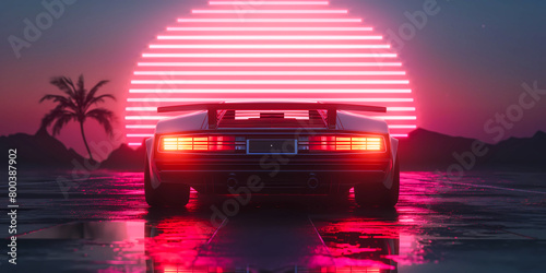 surreal retrowave artwork of a synthwave highway with a car and a beauty sunset, vaporwave wallpaper art
