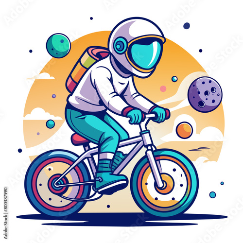 illustration of an astronaut performing BMX tricks against the backdrop of a softly illuminated moon, with vibrant colors and sleek lines