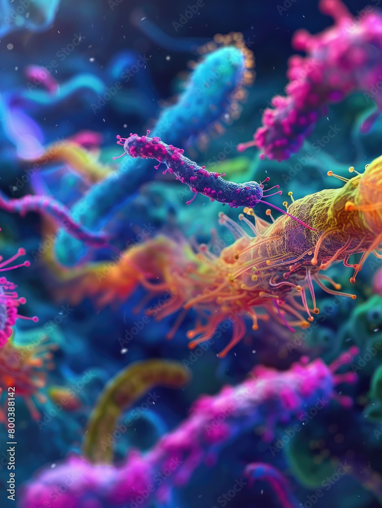 Fototapeta premium Explore the vivid neon abstract shapes and patterns of a diverse bacterial colony in a clinical laboratory environment, capturing the essence of microbiological research.