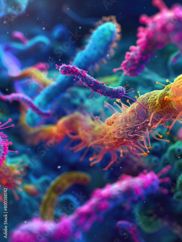 Explore the vivid neon abstract shapes and patterns of a diverse bacterial colony in a clinical laboratory environment  capturing the essence of microbiological research.