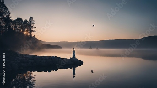 sunset over the lake A lighthouse in a mystical lake, where a mermaid is singing to a fisherman. 