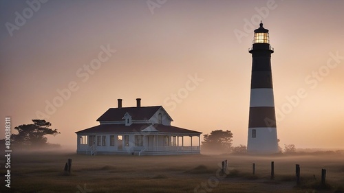 lighthouse at sunset Dawn s early morning mist surrounds the Bodie Island Lighthouse in the Outer Banks  
