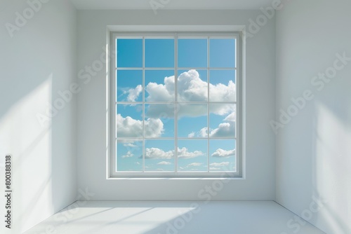 white room with a single  perfectly centered window showcasing a clear blue sky Render in a minimalist style with clean lines and soft shadows  
