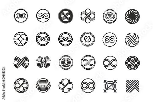 Unique and professional Set of infinity symbols set. Infinity symbol set, Infinity symbol collection. Vector logos set. Black contours of different shapes, thickness and style isolated on white.