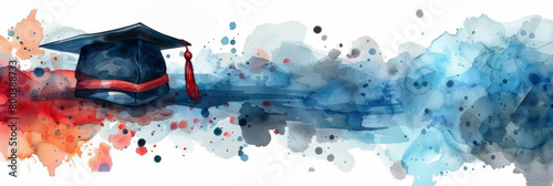 Banner with graduation cap and watercolor splashes, illustration