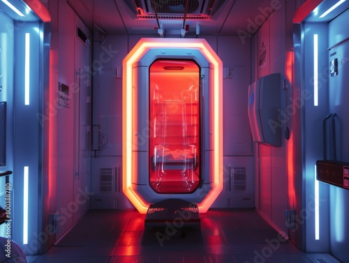 A brightly lit cryogenic chamber containing a single pod with a glowing red light, hinting at a lone occupant in suspended animation 