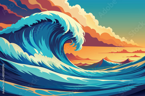 A wave crashing into the ocean with a beautiful sunset in the background